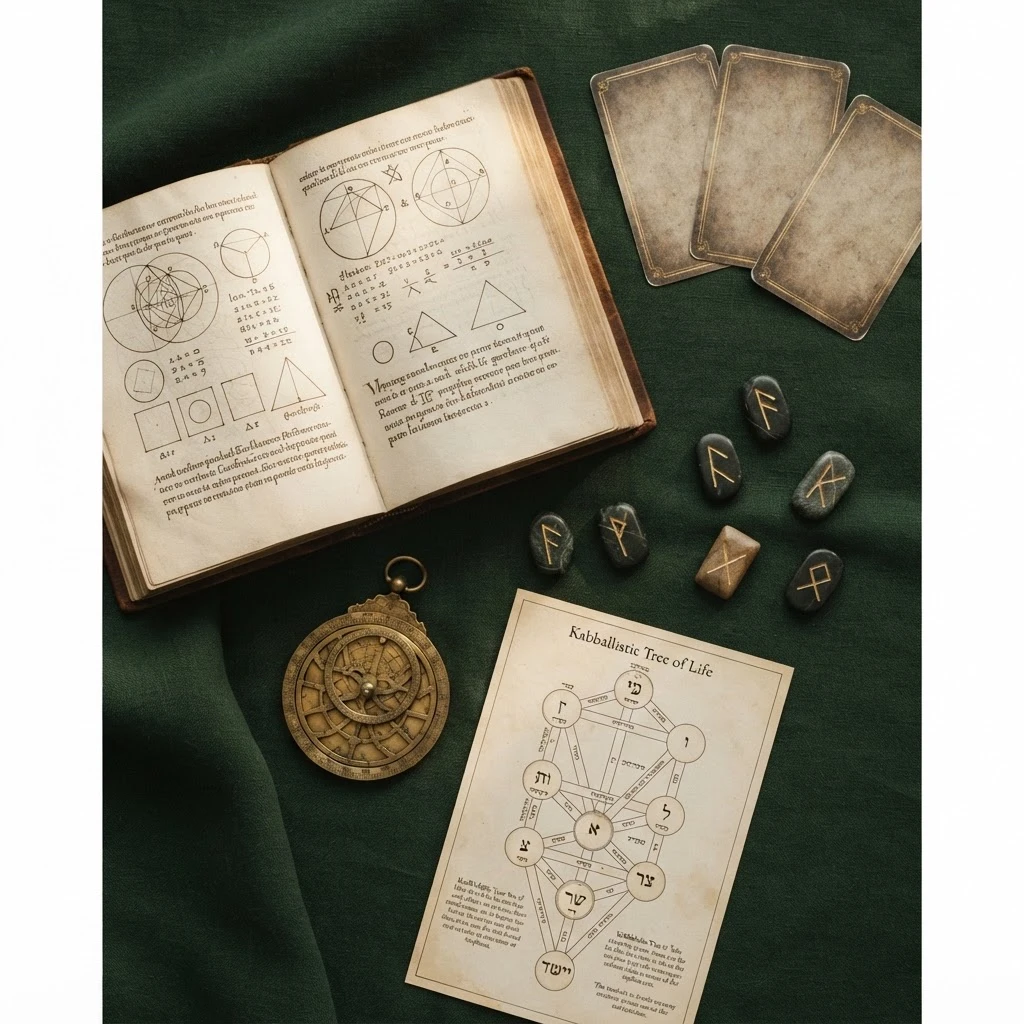 Arranjo editorial de cartas, astrolábio de bronze, runas gravadas e um diagrama da Árvore da Vida sobre uma superfície verde-escura